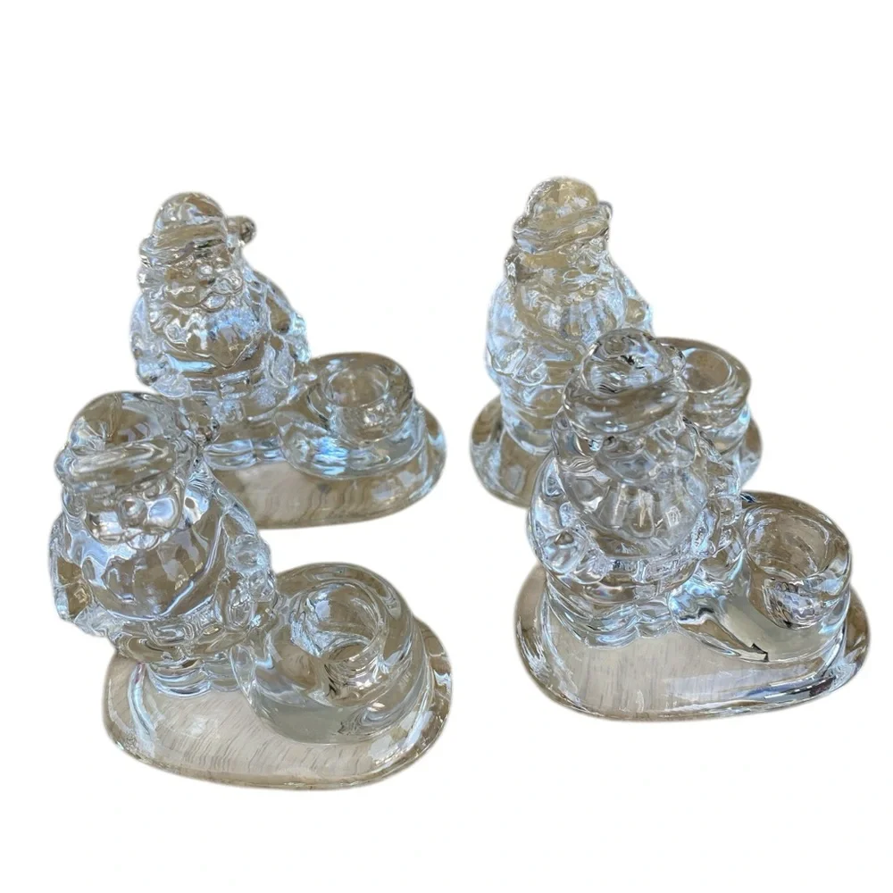 WILLIAMS SONOMA Set of 4 Glass Santa Tiny Taper Candle Holders